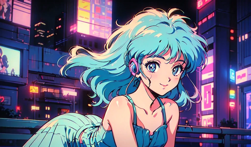 (80s, retro, city pop: 1.5), (album jacket), (famous song, highest quality), (anime, illustration), (pastel color: 1.4),
Best photo pose, dynamic angle, gray bob hair, cool impression, glossy hair, white dress, miniskirt, girl, solo, smile, perfectly detailed eyes, delicate face, ponytail, night city, neon lights , wearing headphones,