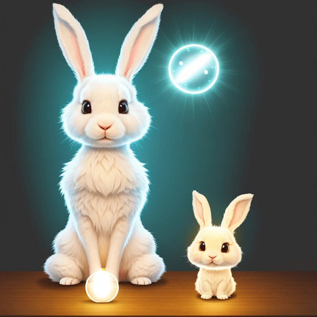 a cartoon rabbit with glowing eyes and glowing eyes sitting on a table, cute anthropomorphic bunny, adorable digital painting, adorable glowing creature, cute digital art, rabbit_bunny, rabbt_character, electrixbunny, super cute and friendly, beautiful white glowing eyes, cute character, rabbit, rabbit face only, big glowing eyes, profile pic, beautiful and cute