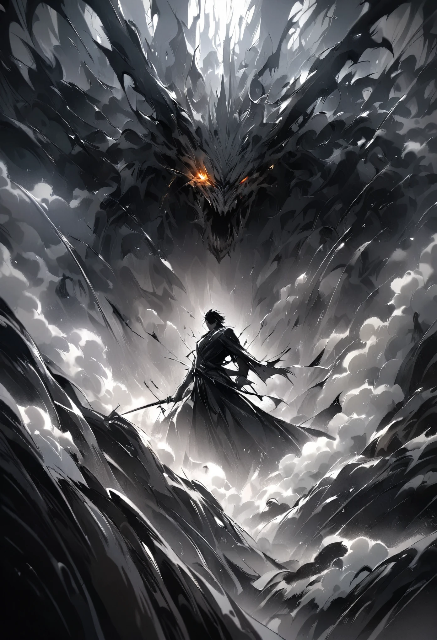 (a warrior with a sword fiercely attacks a monstrous creature), sword drawn, 3 cuts to the monster, smoke at his feet, burning eyes, the scene is full of dynamism, with lines of movement that emphasize the speed and strength of the attack, the creature, in a reaction pose, shows surprise and pain as it is hit, the vanishing point perspective and foreshortening technique add depth and drama, drawing the eye towards the center of the action, three-dimensional effect on a two-dimensional surface, a dramatic impression of depth and movement, highlighting the action and intensity of the scene, dynamic action, details such as flying fragments, impact lines and deformations in the environment, strong contrasts and shadows, highlighting the musculature and details of the characters,