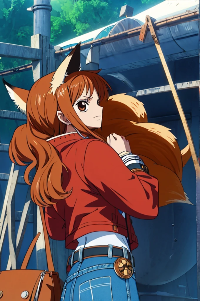 one piece, Woman, fox ear, fox tail, jeans jacket, brownhair, eyes browns, red backpack on the back, best qualityer, denim skirt, belt with fox symbol, medica.
