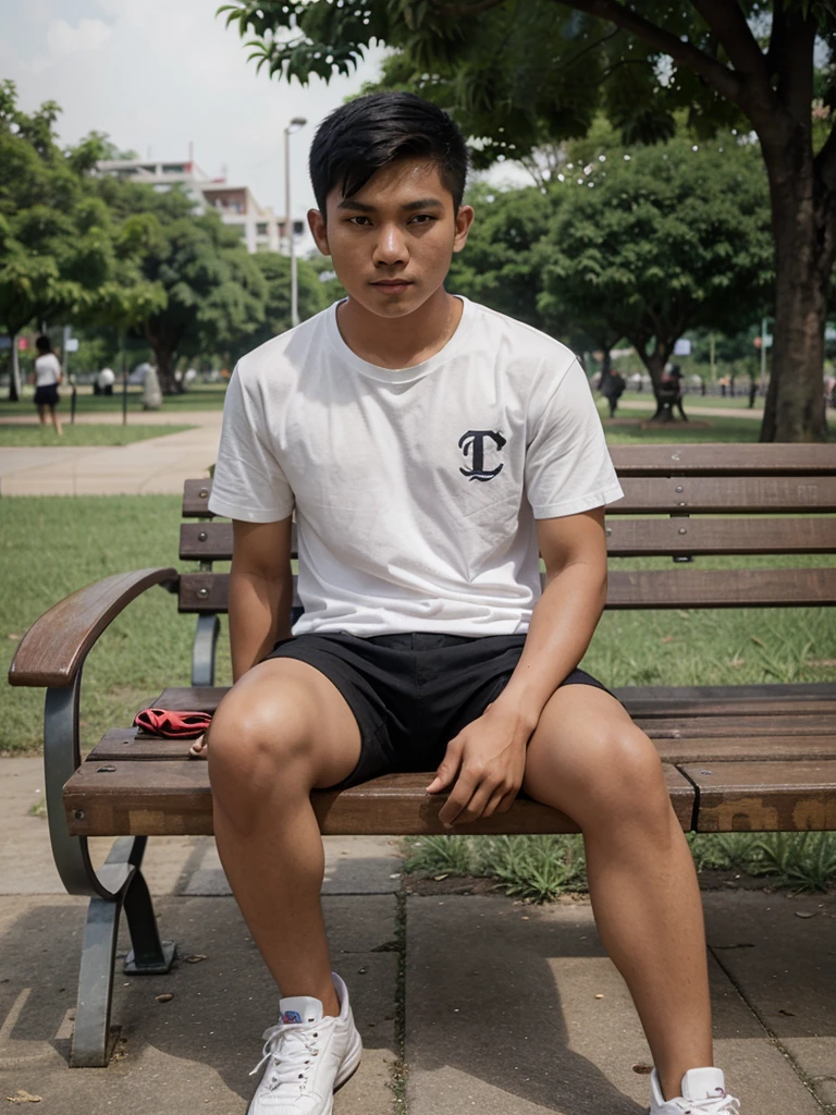 a 21 year old Indonesian boy with short hair sits on a park bench looking at the camera