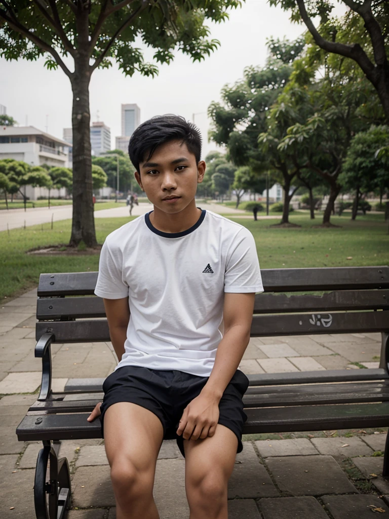 a 21 year old Indonesian boy with short hair sits on a park bench looking at the camera