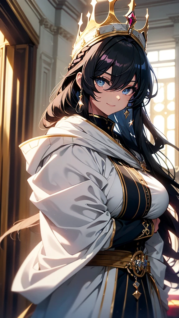 best quality, extremely detailed, anime style adult 1girl, long hair down to the waist, straight hair, ((dark black hair with bluish)), ponybun,crown braid,beautiful detailed eyes, pinched eyes, dark blue eyes, huge breasts,curvy,((((white cool prince clothing)))),trousers,((crown)),Clothes with a lot of cloth area,masculine attire,smile,((((Luxurious room)))),