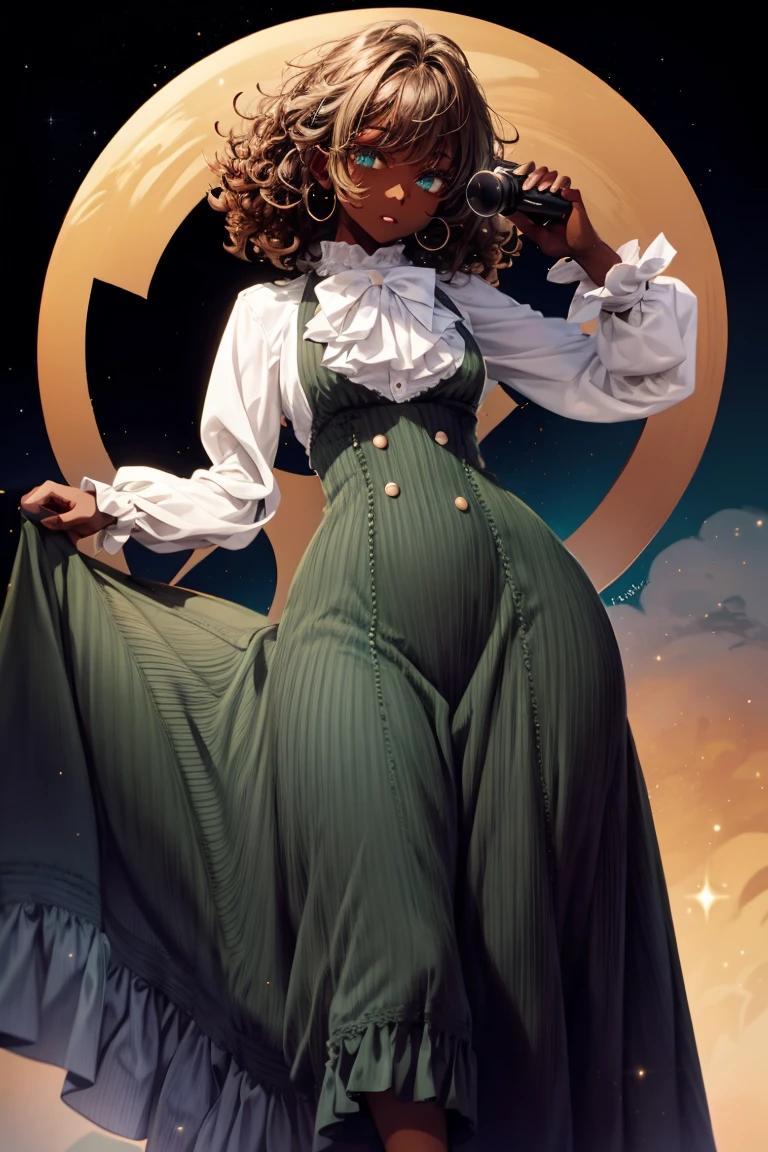 masterpiece, absurdres, 1girl, cowboyshot, tachi-e, mature woman, best aesthetics, medium breasts, wide hips, thick thighs, dark hair, narrow eyes, dark skin, ankle-length dress, arched nose, soft shading, very detailed face, clean lines, dynamic pose, anatomically correct, hyperdetailed, beautiful lighting, dark atmosphere, dark eyeshadow, good makeup, detailed hair, green eyes, sparkling eyes, telescope, magic, fantasy, medieval, high fantasy, black stockings, comfy, cozy, tareme, medium chest, SFW, long dress, arms behind back, outdoors, constellations in sky, stargazing, extremely curly hair, BC shape hair strand, closed wavy hair, kinky hair, african, adult woman, hourglass figure, brown corset, blue dress, celestial, inked