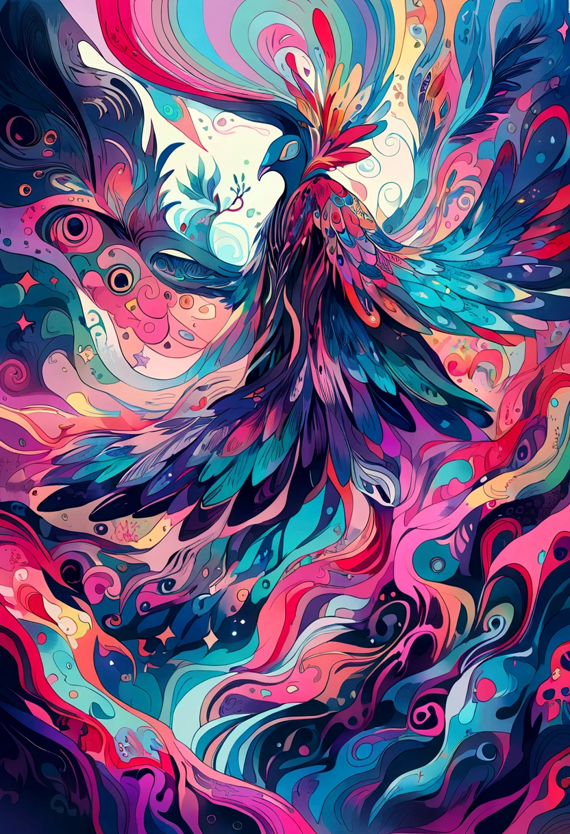 Super psychedelic alien landscape，Strange birds