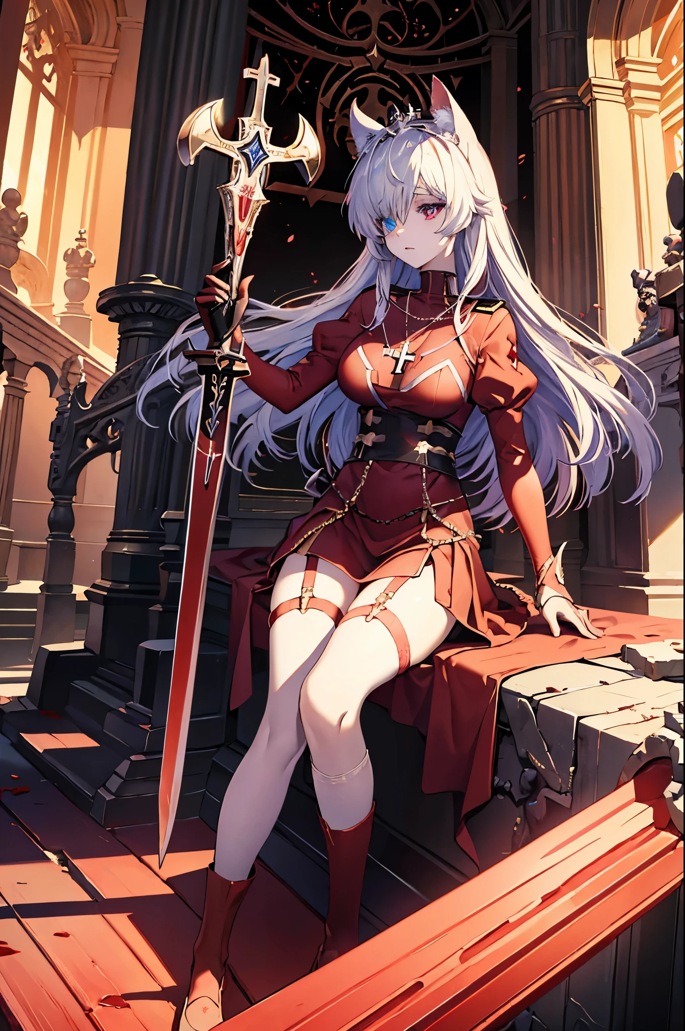 avenger,large breast,The chest area is exposed,Eye color is scarlet,garter,big sword,princess tiara,Cross Necklace,hair over one eye,Knee socks,Hair color is golden,Devilish,Church Background, high Quality,best quality,Uninhabited, neko ears