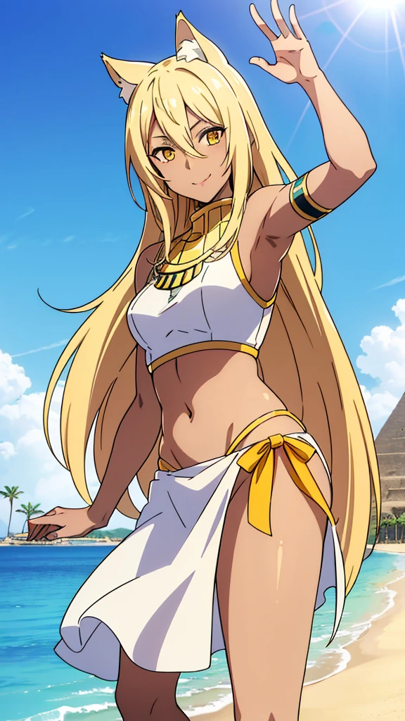 (1girl ,solo,20s,mature female),blonde hair,long hair,cat ears,yellow eyes,(((dark skin))),(Egypt, blue sky, sun),white egypt oufit,bare shoulders,looking at view,waving, waving arm, smile