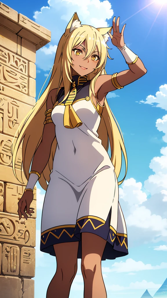 (1girl ,solo,20s,mature female),blonde hair,long hair,cat ears,yellow eyes,(((dark skin))),(Egypt, blue sky, sun),white egypt oufit,bare shoulders,looking at view,waving, waving arm, smile