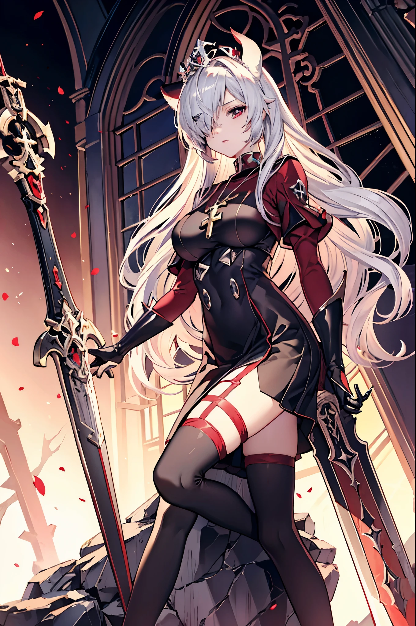 masterpiece,best quality,1girl,solo ,red eyes,white hair, red hair, beautiful, graature,adult,⁶⁶llll see⁶evil,tail,holding a black and red spear, two hands, two legs