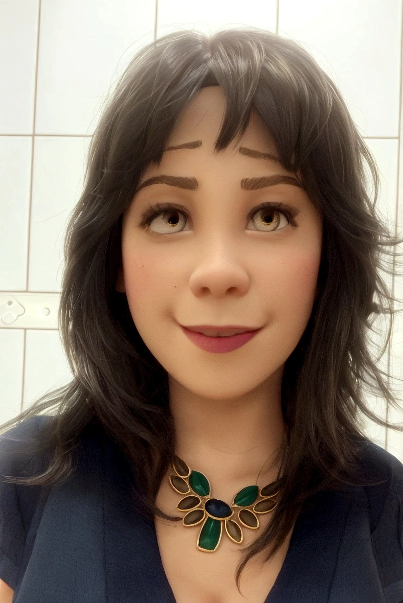 adult woman, light skin, short shoulder length hair with bangs and dark slanted eyes, disney pixar style