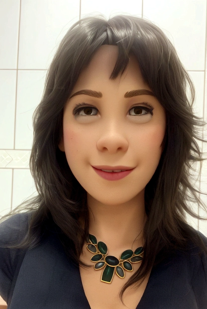 adult woman, light skin, short shoulder length hair with bangs and dark slanted eyes, disney pixar style