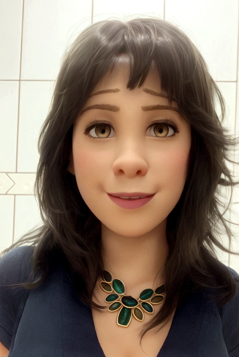adult woman, light skin, short shoulder length hair with bangs and dark slanted eyes, disney pixar style