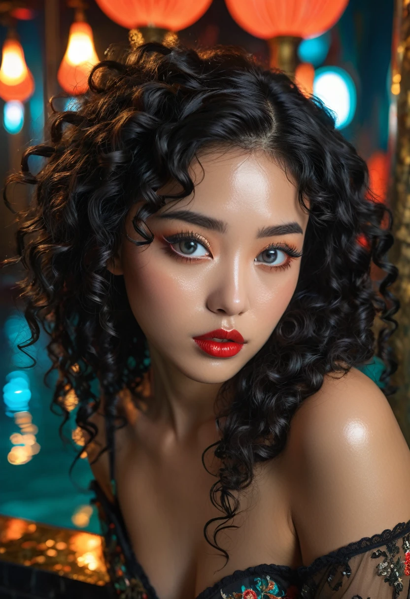 (1 girl 1.3) (extremely detailed 1.3) (anatomically correct, High precision, realistic skin) (RAW photo, nikon, 8k, Super detailed, advanced details, intricate details,), (Lighting: Face lighting, Ray tracing, reflective light, Structurally correct) ((Background: back room of a nightclub 1.3)) ((divine aura, goddess of fertility, sex, and eroticism) (Subject: beautiful half-asian, mixed asian-european, bronze skin, woman with hair in black curls and coils) (wearing: detailed embroidered goth lolita roccoco ancient priestess), ((beautiful big eyes looking up at the viewer, )) [(best quality, highres, masterpiece:1.2), A half-asian half greek female virgin sacrifice, bronze skin, in ((the style of metart, x-art)) full body portrait, sharp focus, vivid colors, detailed facial features, black curly wavy hair, expressive eyes, full red lips, creative atmosphere, bursts of inspiration,, huge , long legs, water temple] teal, bronze, slate, rust