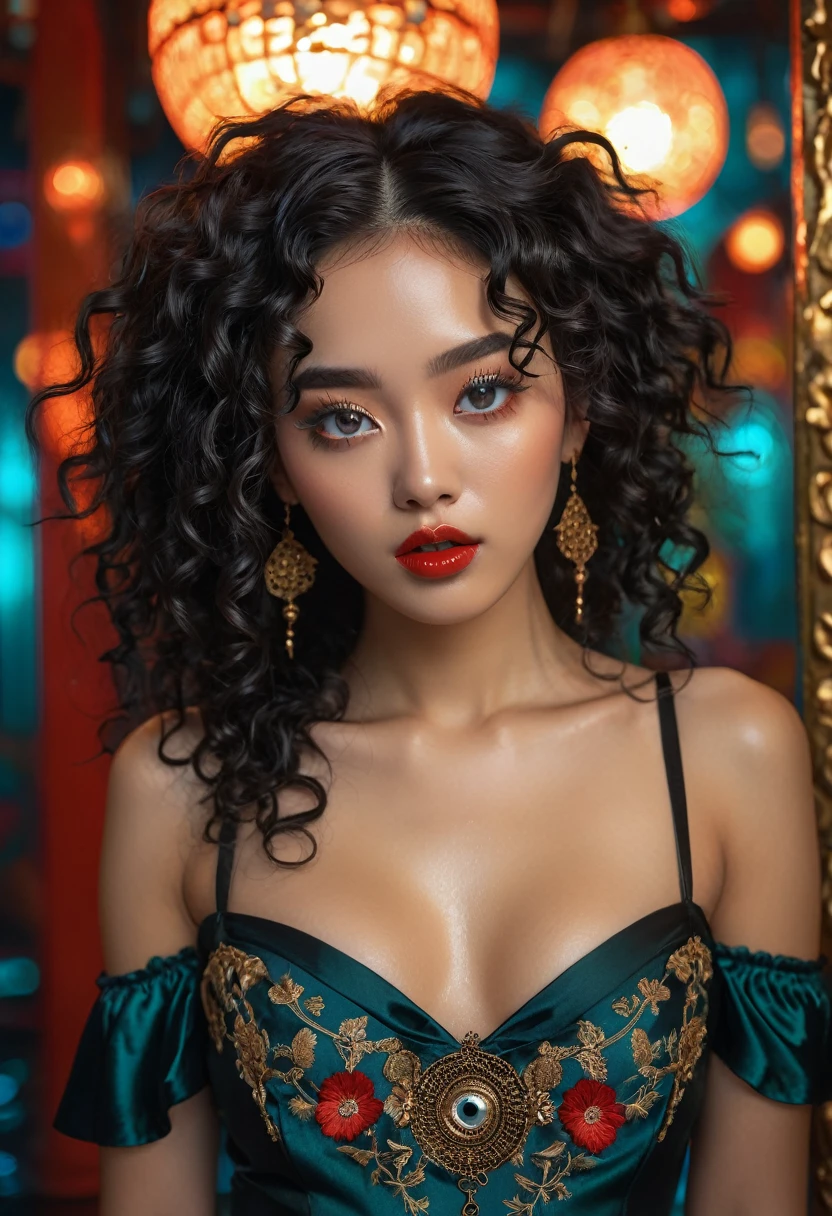 (1 girl 1.3) (extremely detailed 1.3) (anatomically correct, High precision, realistic skin) (RAW photo, nikon, 8k, Super detailed, advanced details, intricate details,), (Lighting: Face lighting, Ray tracing, reflective light, Structurally correct) ((Background: back room of a nightclub 1.3)) ((divine aura, goddess of fertility, sex, and eroticism) (Subject: beautiful half-asian, mixed asian-european, bronze skin, woman with hair in black curls and coils) (wearing: detailed embroidered goth lolita roccoco ancient priestess), ((beautiful big eyes looking up at the viewer, )) [(best quality, highres, masterpiece:1.2), A half-asian half greek female virgin sacrifice, bronze skin, in ((the style of metart, x-art)) full body portrait, sharp focus, vivid colors, detailed facial features, black curly wavy hair, expressive eyes, full red lips, creative atmosphere, bursts of inspiration,, huge , long legs, water temple] teal, bronze, slate, rust