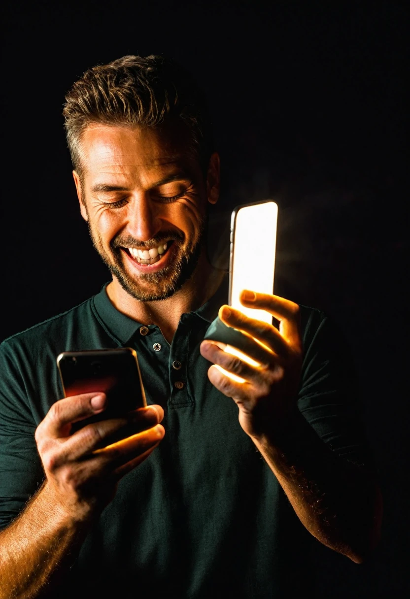 White man having fun using his cell phone, detailed hands, black backdrop, the light from the cell phone reflects on the man's face.