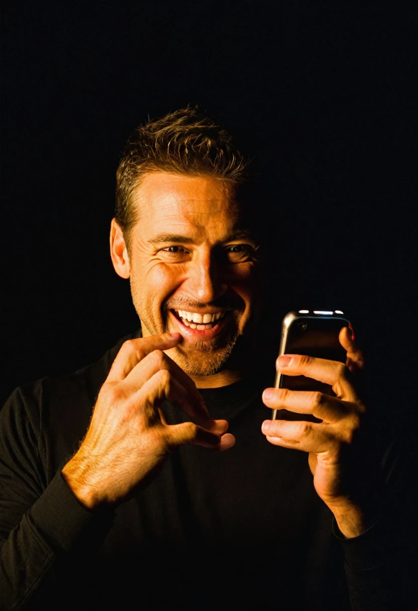 White man having fun using his cell phone, detailed hands, black backdrop, the light from the cell phone reflects on the man's face.
