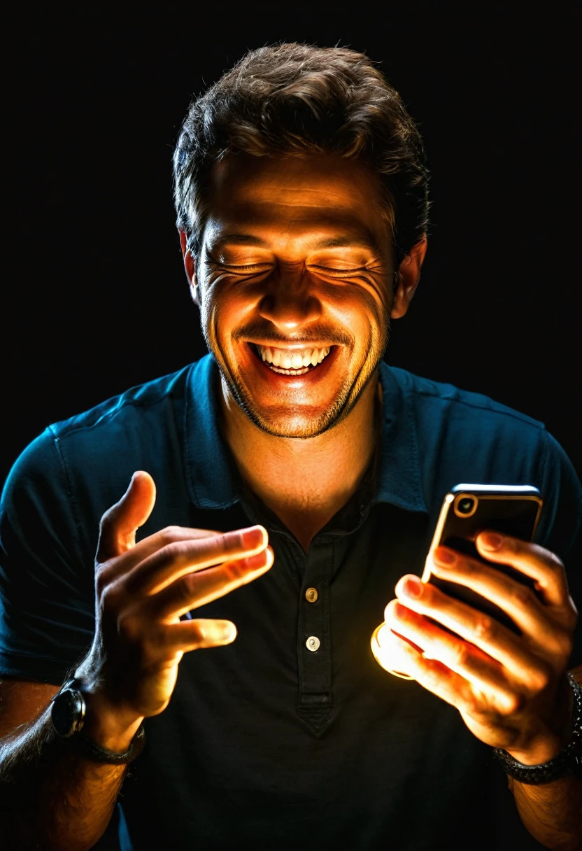 White man having fun using his cell phone, detailed hands, black backdrop, the light from the cell phone reflects on the man's face.