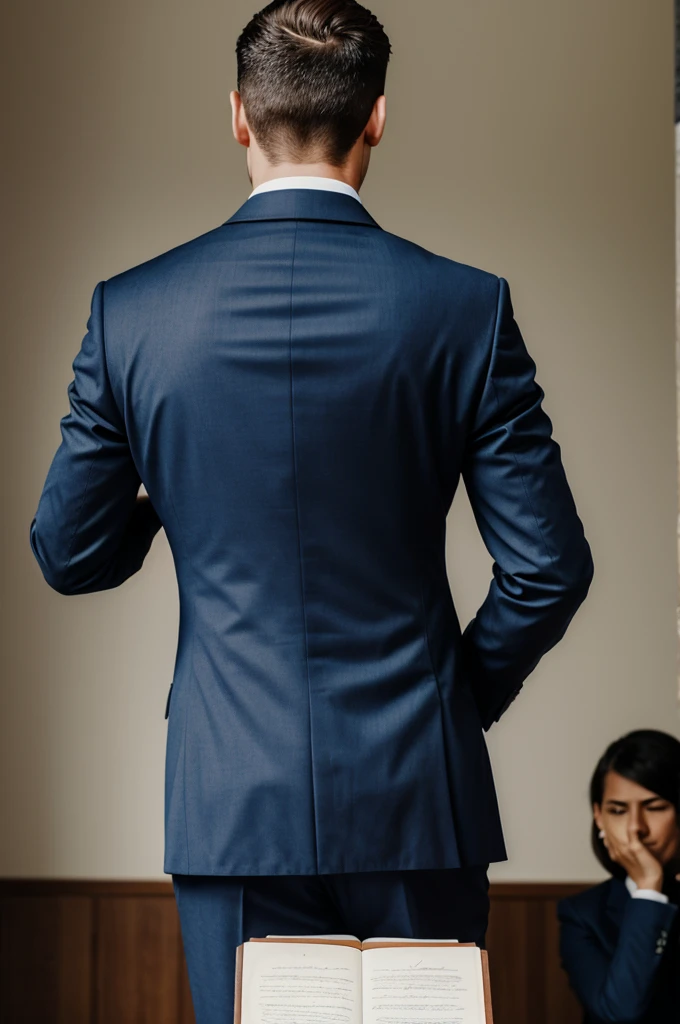 Man in suit taking an oath with fingers crossed behind his back