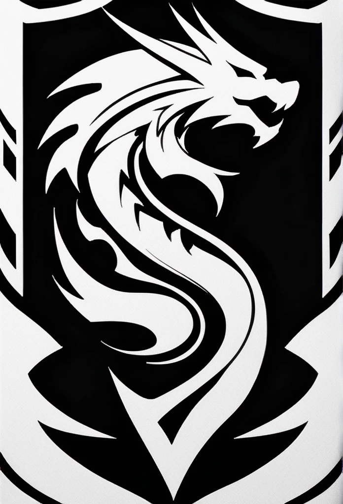 monochrome, greyscale, no humans, black background,emblem,dragon, guilda
