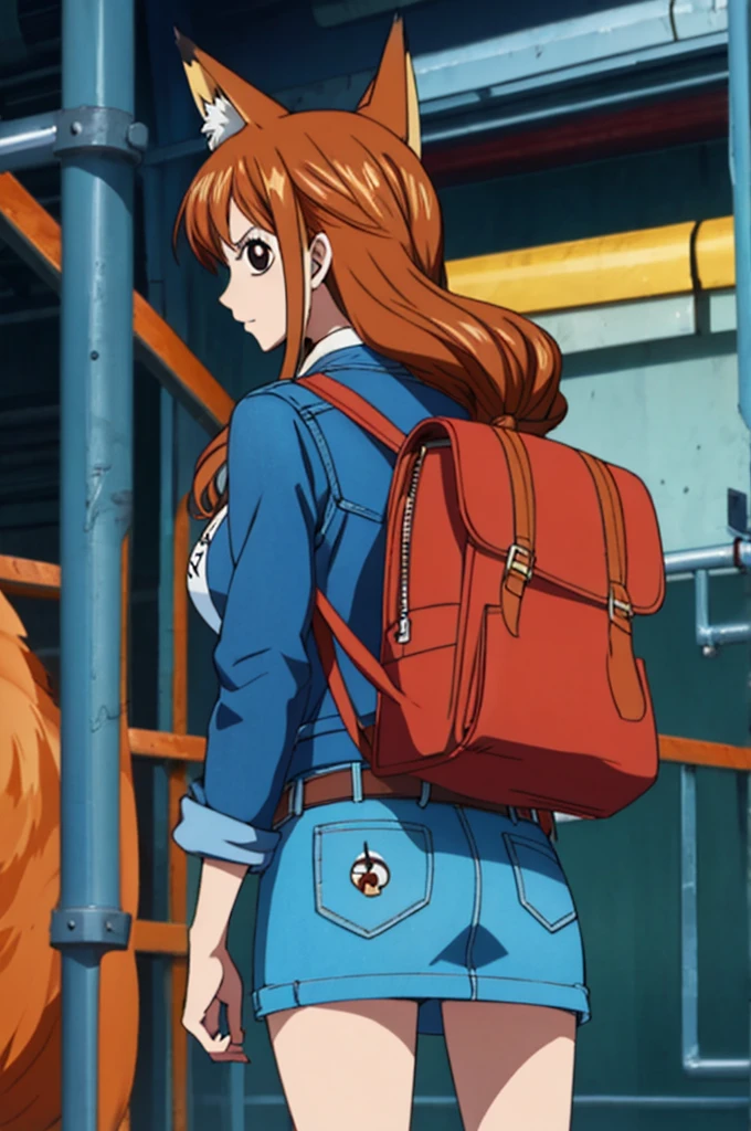 one piece style, Woman, fox ear, fox tail, jeans jacket, brownhair, eyes browns, red backpack on the back, best qualityer, denim skirt, belt with fox symbol