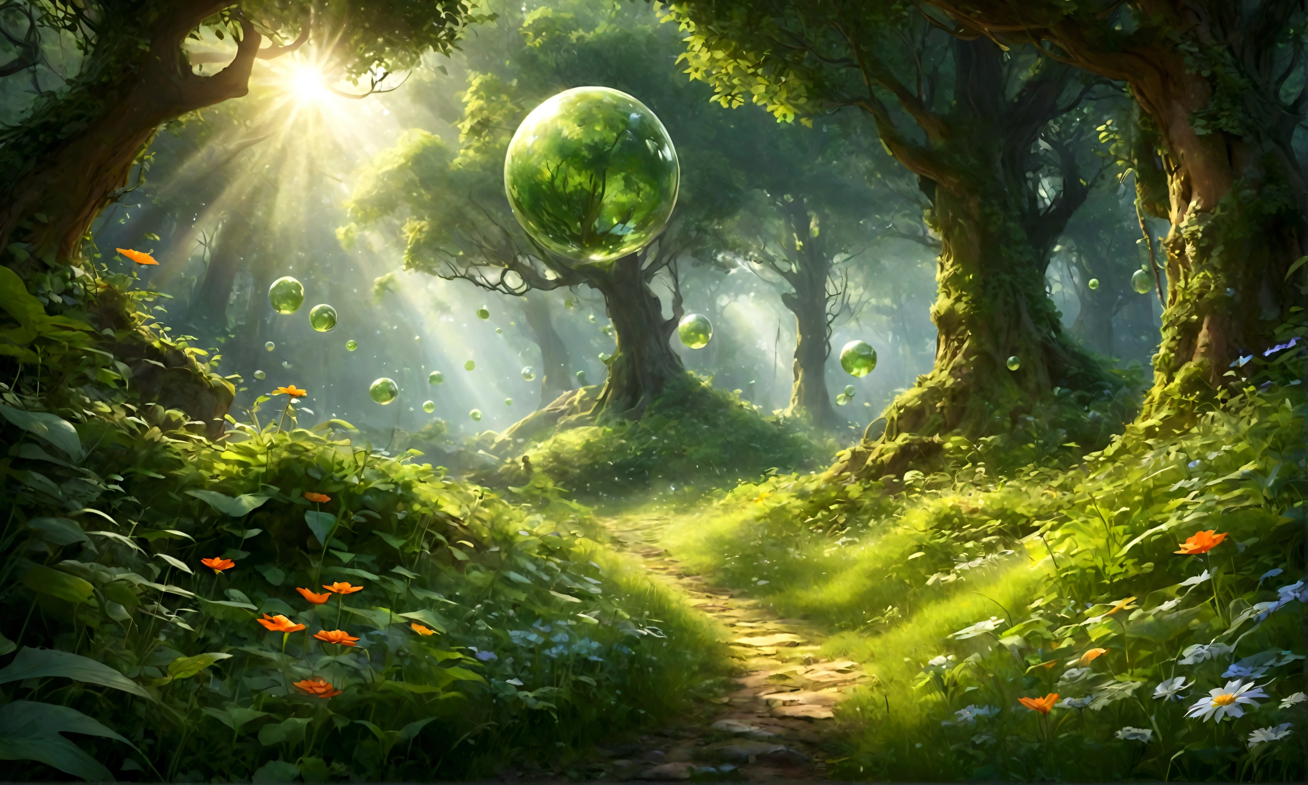 Mysterious forest in early summer、Gentle sunlight through the trees、Fresh greenery、Fantastic plants、Lush forest leaves, grass and wildflowers、Delicious little fruit、Fairy dust floating in the air、Mysterious spheres of light flying around、The overall atmosphere is dreamy and tranquil.。Different world、Different dimension、Very realistic、Realistic、Surreal、masterpiece、highest quality、High resolution、8K、3D Rendering、Depth of written boundary、