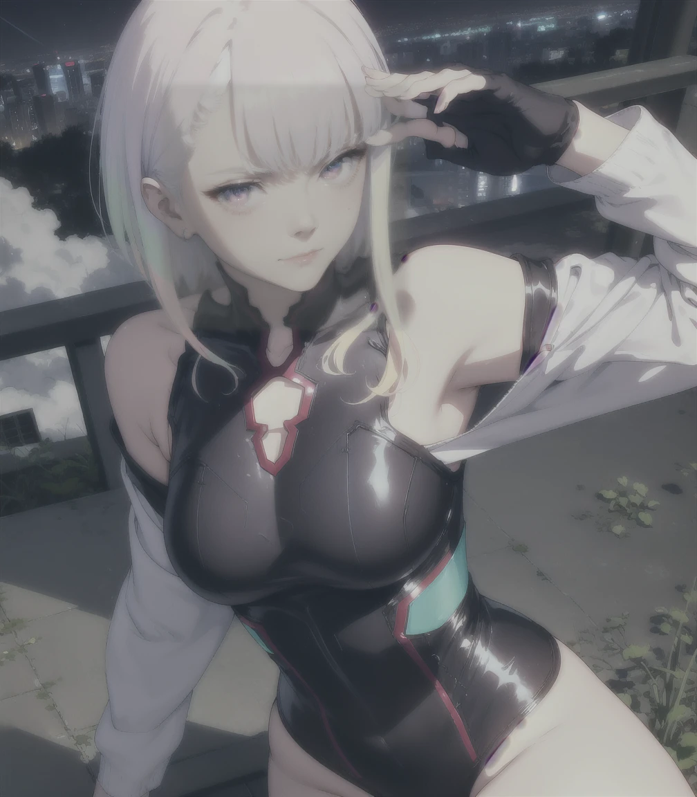 Masterpiece, best quality, 16k resolution, NVIDIA RTX Ray Tracing technology, Create a 4K resolution, ultra-realistic, and extremely detailed artwork, award winning, retina, soft light, sharp focus.(hyper-realistic:1.4), (Night, night time:1.4), from above
cyberpunklucy, lucy, short hair, bangs, blue eyes, blue hair, multicolored hair, makeup, (multicolored eyes:1.3), smile, model pose, modeling
BREAK bare hips, bodysuit, leotard, monowire, off shoulder, off-shoulder open clothes, MIDRIFF
BREAK outdoors, city, moon, night, sky, clouds,
sexy, Sexy, smooth perfect skin, smooth_skin
Beautiful、(red blush)、Sexy
FULL BODY SHOT, ultra wide angle, textured skin, face detail, clean skin, perfect hands, perfect anatomy, anatomically correct,
(Realistic park:1.3)