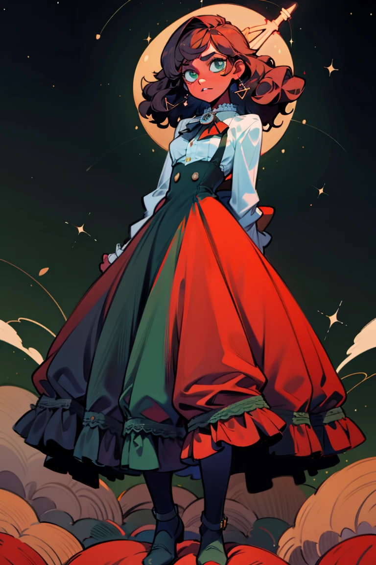 masterpiece, absurdres, 1girl, cowboyshot, tachi-e, mature woman, best aesthetics, medium breasts, wide hips, thick thighs, dark hair, curly hair, textured hair, narrow eyes, dark skin, ankle-length dress, arched nose, soft shading, very detailed face, clean lines, dynamic pose, anatomically correct, hyperdetailed, beautiful lighting, dark atmosphere, dark eyeshadow, good makeup, detailed hair, green eyes, sparkling eyes, telescope, magic, fantasy, medieval, high fantasy, black stockings, comfy, cozy, tareme, medium chest, SFW, long dress, arms behind back, outdoors, constellations in sky, stargazing