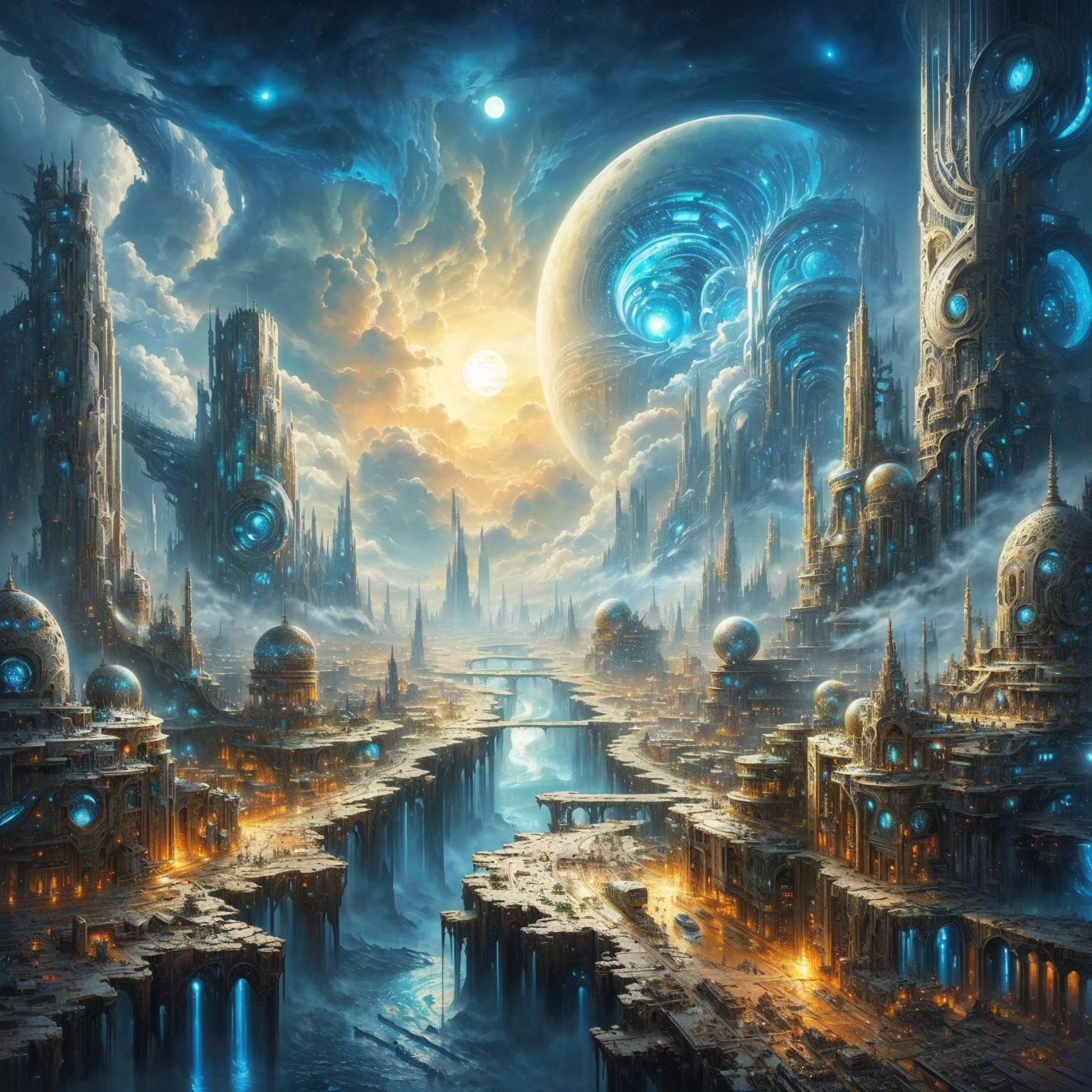 a painting of a futuristic city with a river and a big moon, Heavenly City, in einer Fantasy-Science-Fiction-Stadt, Greg Beeple, epic Sci-Fi-Fantasy-Art, fractals Donner Dan Mumford, Science-Fiction-Fantasie-Tapete, symmetrical epic fantasy art, epische Fantasy-Sci-Fi-Illustration, intricate futurism, Detailed dream landscape, Ancient science fiction city