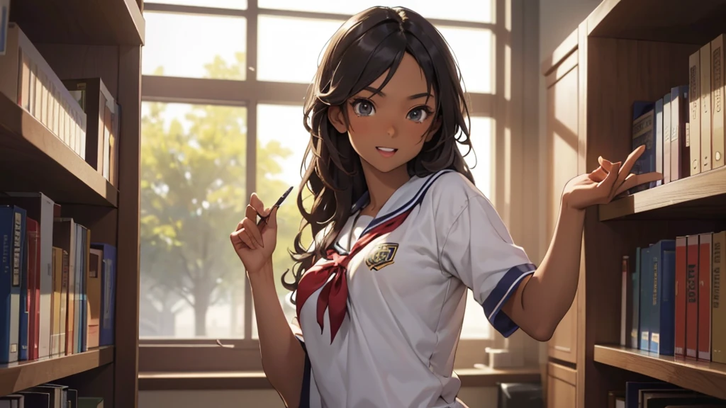 best god quality, Ultra-detailed, perfect Anatomy, standing up straight, (Draw a tomboy excitedly inside a college library), 1girl, is a excited beautiful tan girl, tomboy aesthetic, dark skin girl, tanline skin, (dark skin*2), (long black + wavy hair*1.2), (school girl outfit*1.2), Full limbs, complete fingers, groin, Beautiful hazel eyes, well-proportioned tan tomboy, student clothing, in a library, High resolution, Best lighting by professional AI, college library, looking at viewer, (((One girl in middle))), (((SOLO))), (library in background)