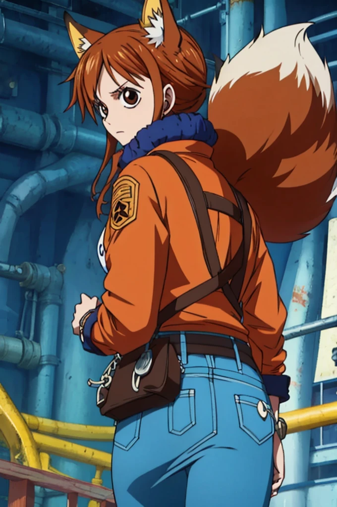 one piece style, Woman, fox ear, fox tail, jeans jacket, brownhair, eyes browns, red backpack on the back, best qualityer, denim skirt, belt with fox symbol