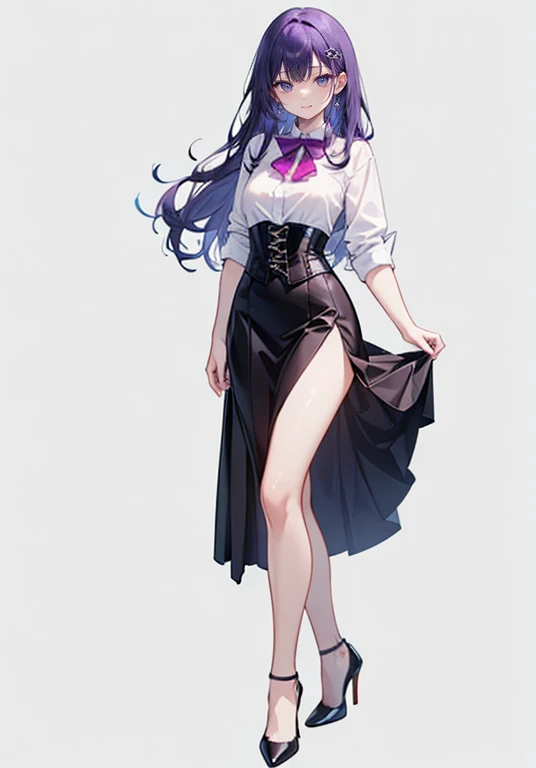 Purple hair,long hair,Adult female,suit,((White shirt)),((Rolling up your sleeves shirt)),(corset),(skirt),(slit),High heels,((Simple White background)),Smile,((Full body)),((whole body)),(((upright)))
