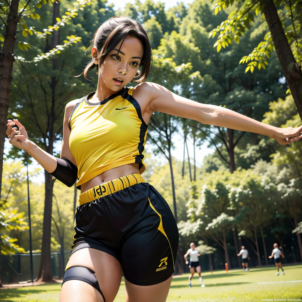 A panoramic view of the granddaughter Pan, daughter of Gohan and Videl, from the Dragon Ball series, becoming a super sayen. The sun setting in the background casts a golden glow over the stage, showcasing their intense, focused expressions as they engage in a dynamic martial arts workout. The lush greenery and rugged terrain add a feeling of challenge and adventure to the workout.