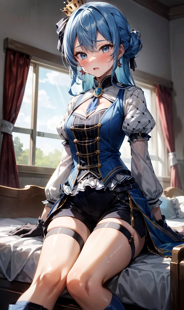 1girl, solo, , idol, SuiseiStellar, long hair, half updo, tilted crown, white shrug \(clothing\), juliet sleeves, blue brooch, blue pinstripe shirt, blue vest, half gloves, blue shorts, half-skirt, o-ring thigh strap, single thigh boot ,medium breasts,(((trembling))),(blush,sweating),nsfw,my room,looking viewer