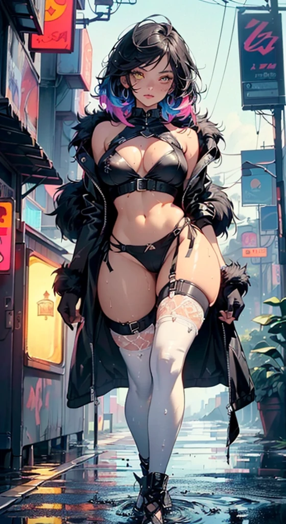 Dark fur,very Dark fur,Dark_fur, girl rave,(((1 girl))),((girl with extremely beautiful and beautiful by white)), (big breasts:1.4),sagging breasts,(((by white:1.35,Straight hair,wide:1.4,colored inner hair,ear breathing))),((very light yellow eyes:1.3,upturned eyes:1.3,Perfect eyes,Beautiful detailed eyes,Gradient eyes:1,Beautiful finely detailed eyes:1,symmetrical eyes:1,Great highlight on the eyes:1.2,ojos de vibrant colors:1.5)),((gordo)),((((black girl,black fur,Dark-furned_female,Dark fur:1.3,,lustrous fur:1.5,bright fur: 1.5,shiny fur,very shiny fur,shiny body,plastic glitter fur,exaggerated shiny fur,shiny fur like ebony,illuminated fur, wet legs))),(spider lower abdomen,narrow waist,wide hip,athletic body,inflated legs,Delicate and detailed fingers,detailed body,human hands,(detailed face)), beautiful,horny,seductive,erotic,(((NSFW))), The Great Passage,Revealing clothing,show fur,((Rave Shirt with Yellow Print,rave mini skirt,Visible thong straps)),(wearing a rave outfit:1.3,rave clothing,half naked,with few clothes),((wet clothes,detailed suit,Detailed clothing)), (dynamic pose:1.0),focus alone,ashamed,(centered,Scale to fit dimensions,rule of thirds), cyberpunk city by the ocean at night, with bright neon signs and dark stormy clouds and puddles, high resolution, sharp focus, (ultra detailed, extremely detailed), (photorealistic artwork:1.37), 8K Wallpaper,((synth wave background theme)),(((vibrant colors,))),(intricate),Masterpiece,(Best Quality),synth wave neon colors,
