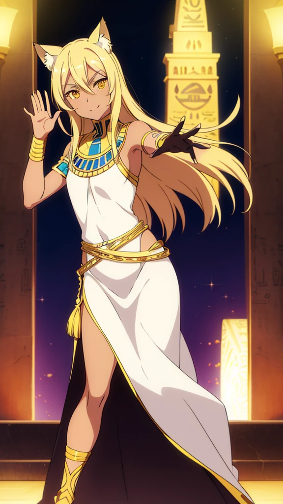 (1girl ,solo,20s,mature female),blonde hair,long hair,cat ears,yellow eyes,(((dark skin))),(Egypt, night),white egypt oufit,bare shoulders,looking at view,waving, waving arm, smile,serious,