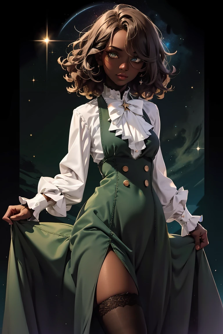 masterpiece, absurdres, 1girl, cowboyshot, tachi-e, mature woman, best aesthetics, medium breasts, wide hips, thick thighs, dark hair, curly hair, textured hair, narrow eyes, dark skin, ankle-length dress, arched nose, soft shading, very detailed face, clean lines, dynamic pose, anatomically correct, hyperdetailed, beautiful lighting, dark atmosphere, dark eyeshadow, good makeup, detailed hair, green eyes, sparkling eyes, telescope, magic, fantasy, medieval, high fantasy, black stockings, comfy, cozy, tareme, medium chest, SFW, long dress, arms behind back, outdoors, constellations in sky, stargazing