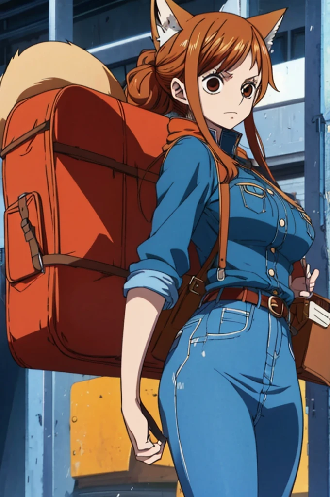 one piece style, Woman, fox ear, fox tail, jeans jacket, brownhair, eyes browns, red backpack on the back, best qualityer, denim skirt, belt with fox symbol