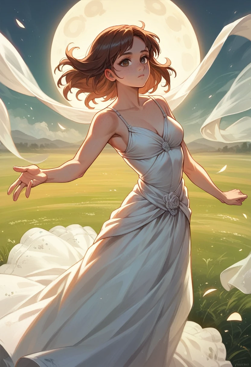 Illustration, detailed illustration, dynamic angle, ultra detailed, best quality, 1girl, 30 year old woman, beautiful, short brown hair, big brown eyes, light freckles, ball gown, starfield, dancing, empty void, starfield in background