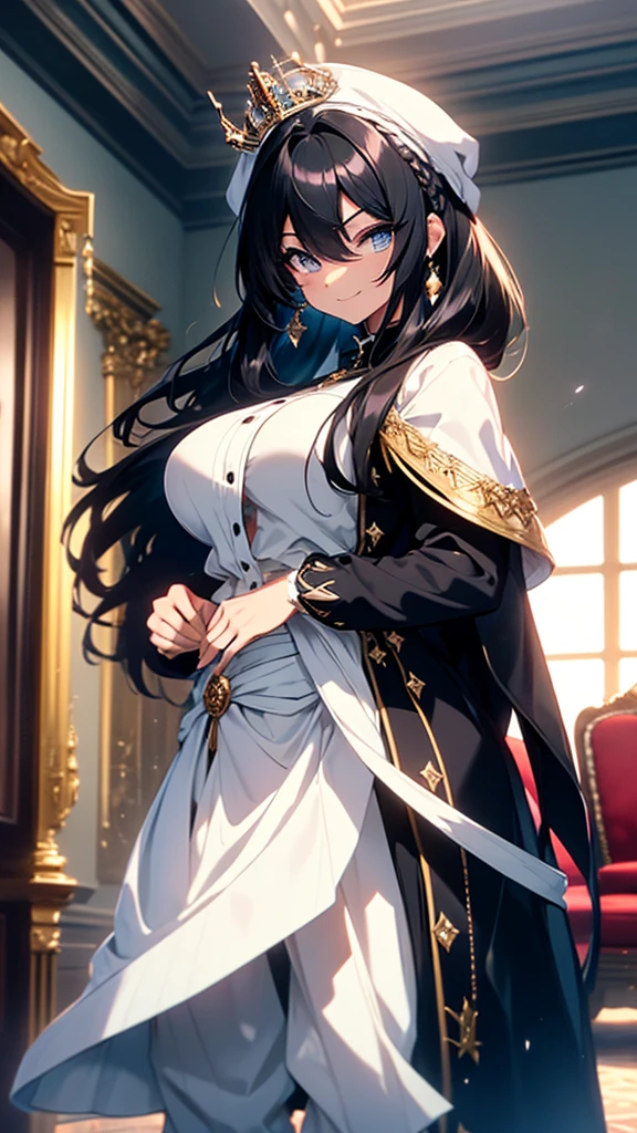 best quality, extremely detailed, anime style adult 1girl, long hair down to the waist, straight hair, ((dark black hair with bluish)), ponybun,crown braid,beautiful detailed eyes, pinched eyes, dark blue eyes, huge breasts,curvy,((((white cool prince clothing)))),((trousers)),crown,Clothes with a lot of cloth area,masculine attire,smile,((((Luxurious room)))),animation cap,animated gif