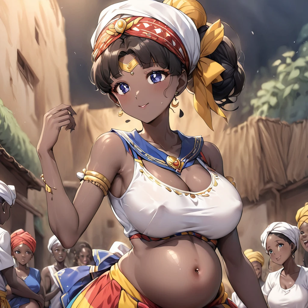 ((Highest quality)), ((masterpiece)), (detailed), (Perfect Face)、The woman is a Ghanaian born Tsukino Usagi with a vivid dark skin, black by birth, and is wearing a colorful Ghanaian dress from a Ghanaian village, a colorful turban head scarf, gorgeous jeweled accessories, and an engagement ring.、The woman is the elegant Tsukino Usagi, with her short black afro hair tied up in a Ghana braid, wearing a colorful Ghanaian dress and a colorful turban head scarf, with vibrant dark brown skin, a natural-born black person, and a natural-born Ghanaian, Tsukino Usagi.、(The woman is a black Ghanaian with vivid dark brown skin.)、The woman is raising children and doing village work with other village girls in her village in Ghana.、The women are pregnant