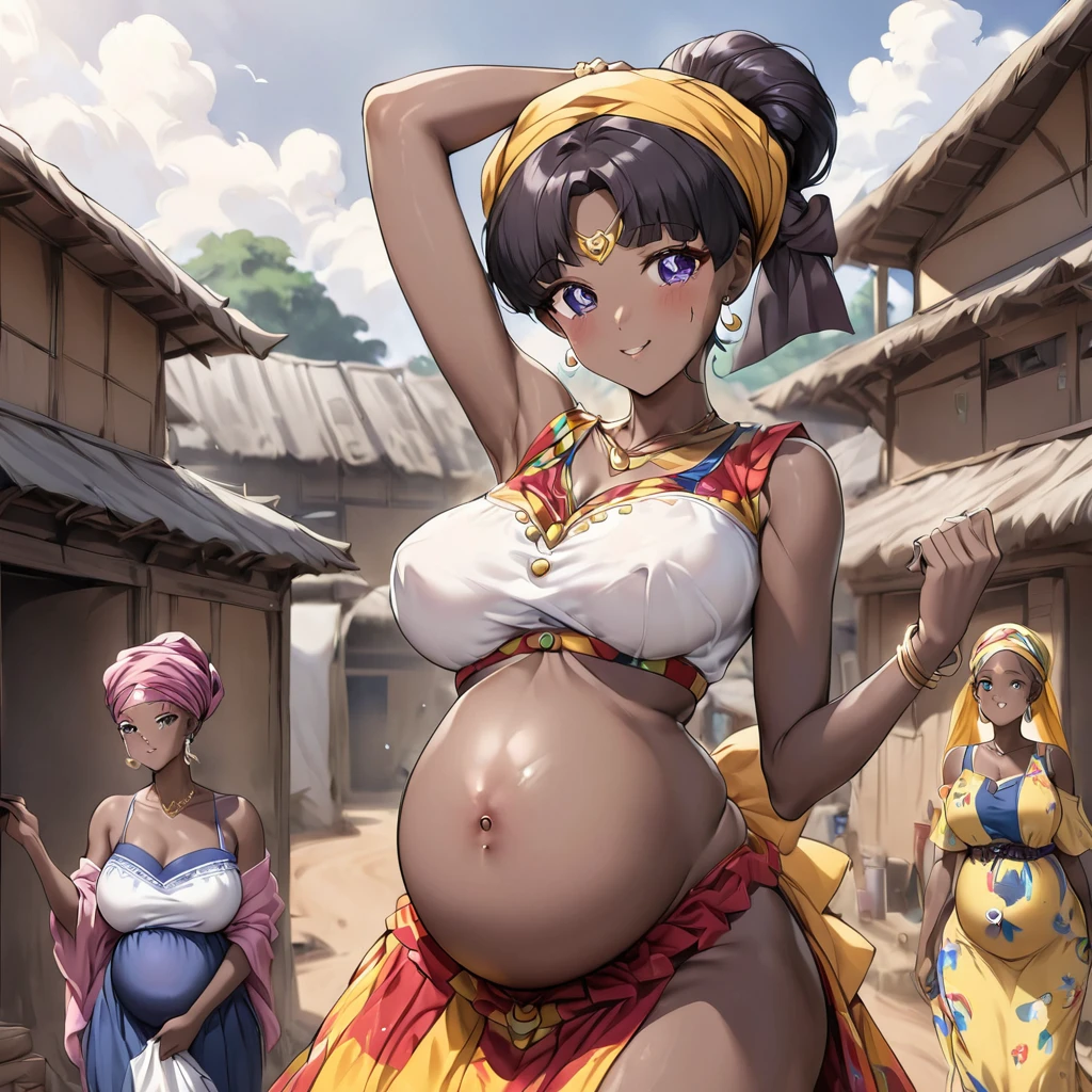 ((Highest quality)), ((masterpiece)), (detailed), (Perfect Face)、The woman is a Ghanaian born Tsukino Usagi with a vivid dark skin, black by birth, and is wearing a colorful Ghanaian dress from a Ghanaian village, a colorful turban head scarf, gorgeous jeweled accessories, and an engagement ring.、The woman is the elegant Tsukino Usagi, with her short black afro hair tied up in a Ghana braid, wearing a colorful Ghanaian dress and a colorful turban head scarf, with vibrant dark brown skin, a natural-born black person, and a natural-born Ghanaian, Tsukino Usagi.、(The woman is a black Ghanaian with vivid dark brown skin.)、The woman is raising children and doing village work with other village girls in her village in Ghana.、The women are pregnant