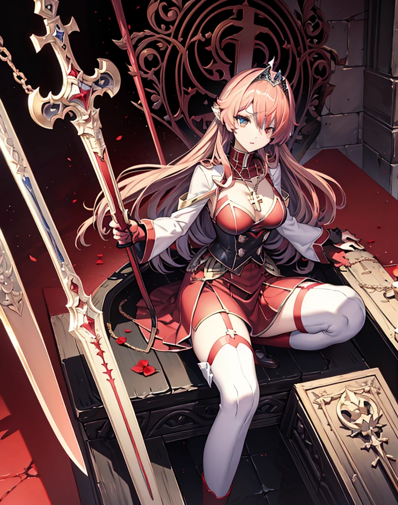 avenger,large breast,The chest area is exposed,Eye color is scarlet,garter,big sword,princess tiara,Cross Necklace,hair over one eye,Knee socks,Hair color is golden,Devilish,Church Background, high Quality,best quality,Uninhabited, neko ears