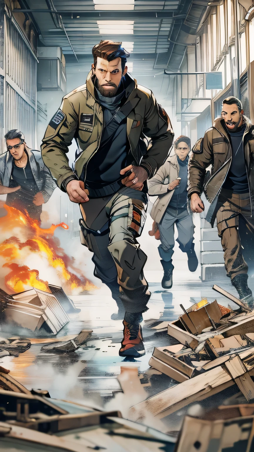 Group of secret agents, including a man with short brown hair and a wispy beard, wearing black tactical jackets and cargo pants, running through the halls of a collapsing laboratory, rescuing scientists in white coats, explosions and debris in the background.