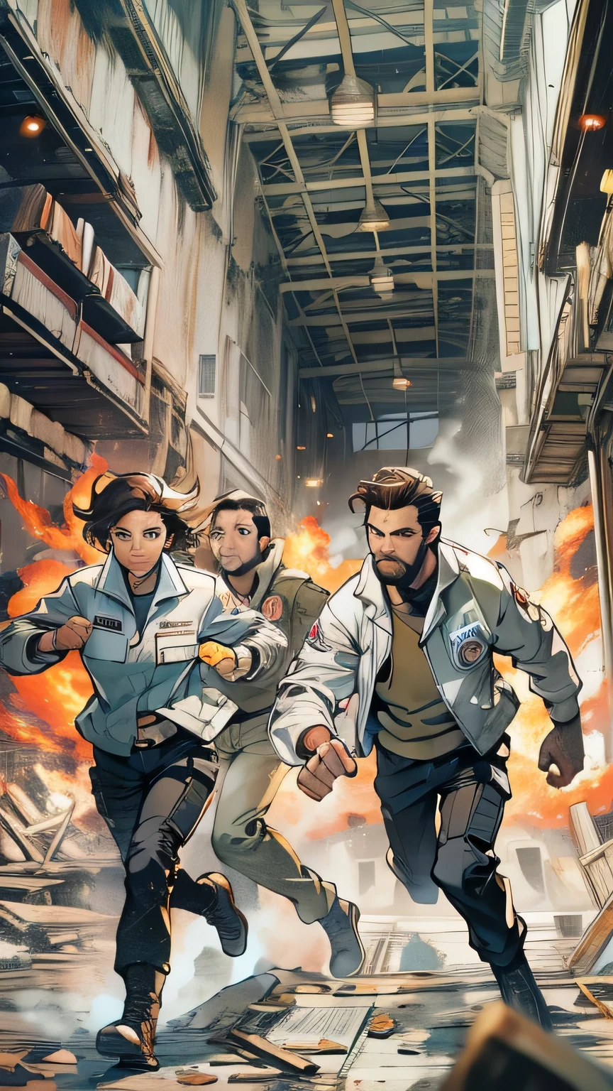 Group of secret agents, including a man with short brown hair and a wispy beard, wearing black tactical jackets and cargo pants, running through the halls of a collapsing laboratory, rescuing scientists in white coats, explosions and debris in the background.