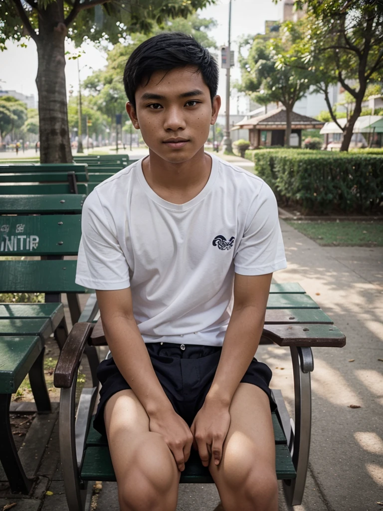 a 19 year old Indonesian boy with short hair sits on a park bench looking at the camera