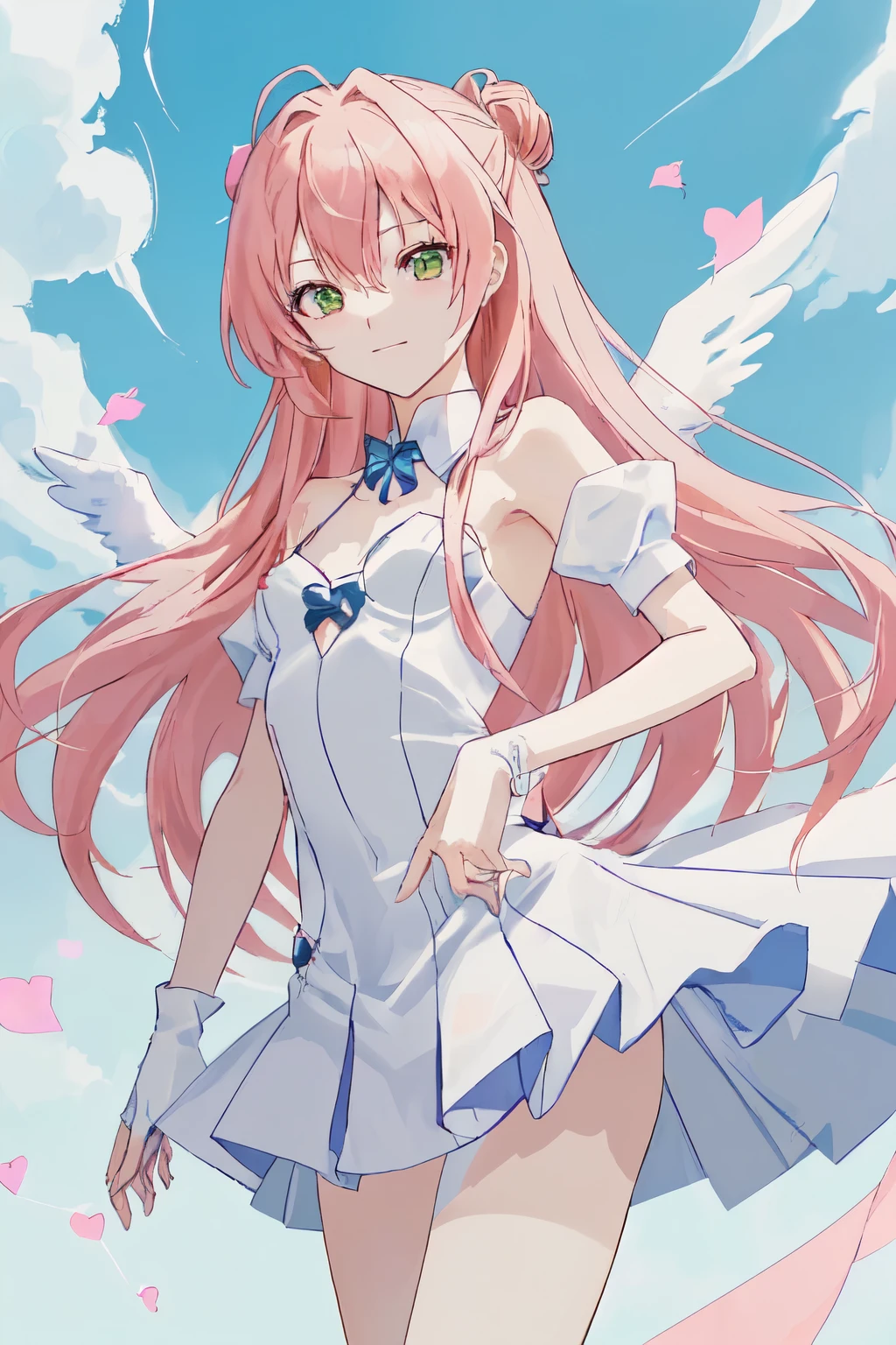 1_girl, (anime, kawai:2), (masterpeice, best_quality, clean:1.5), (sky_background:1.2), (cute, cute_smile, young:1.5), (delicate, extremely_delicate, beautiful, thin:1.5), (girlfriend, angel:1.8), (green_eyes, simple_eyes:1.8) (long_hair, blond_hair, wearing_pink_dress, pink_angel_wings, sexy_gloves:1.5), extremely_delicate, (love_magic:1.5), (age_size_fits_body), (small_thighs:1.3), (breasts), (eye_level:1.3), (heart_magic, love:1.5), (folded_legs:1.5), (combat:1.5)