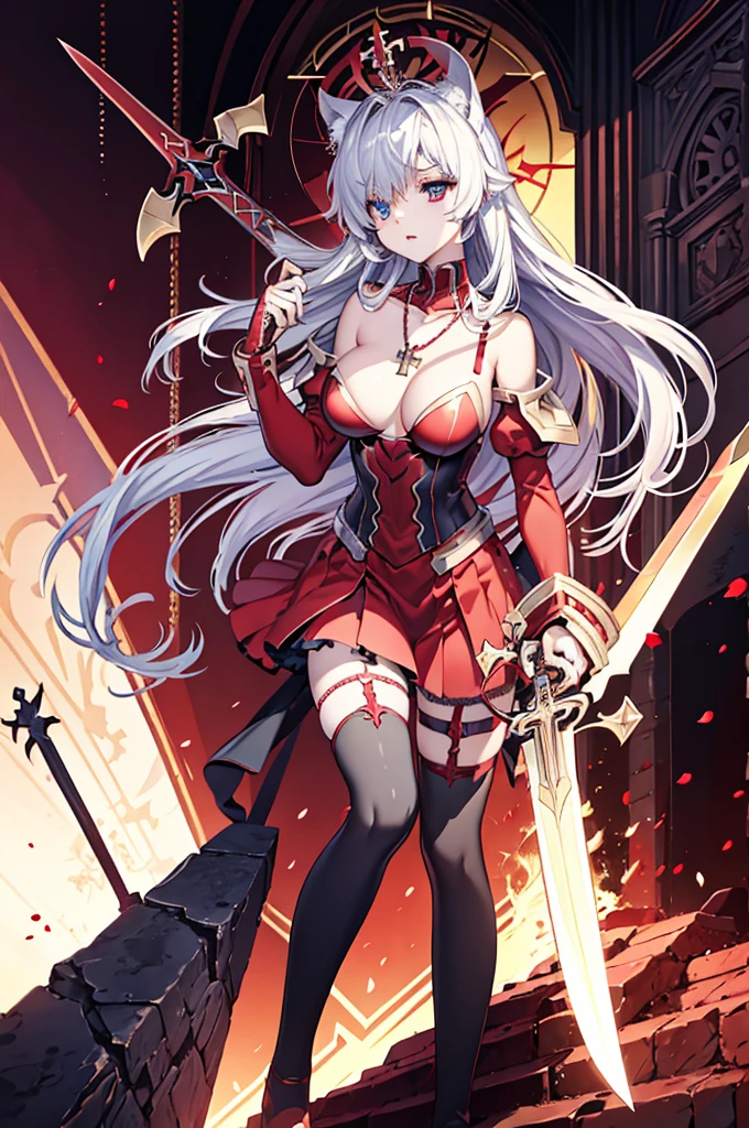avenger,large breast,The chest area is exposed,Eye color is scarlet,garter,big sword,princess tiara,Cross Necklace,hair over one eye,Knee socks,Hair color is golden,Devilish,Church Background, high Quality,best quality,Uninhabited, neko ears