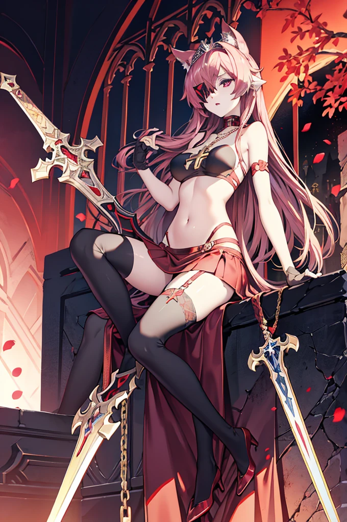 avenger,large breast,The chest area is exposed,Eye color is scarlet,garter,big sword,princess tiara,Cross Necklace,hair over one eye,Knee socks,Hair color is golden,Devilish,Church Background, high Quality,best quality,Uninhabited, neko ears