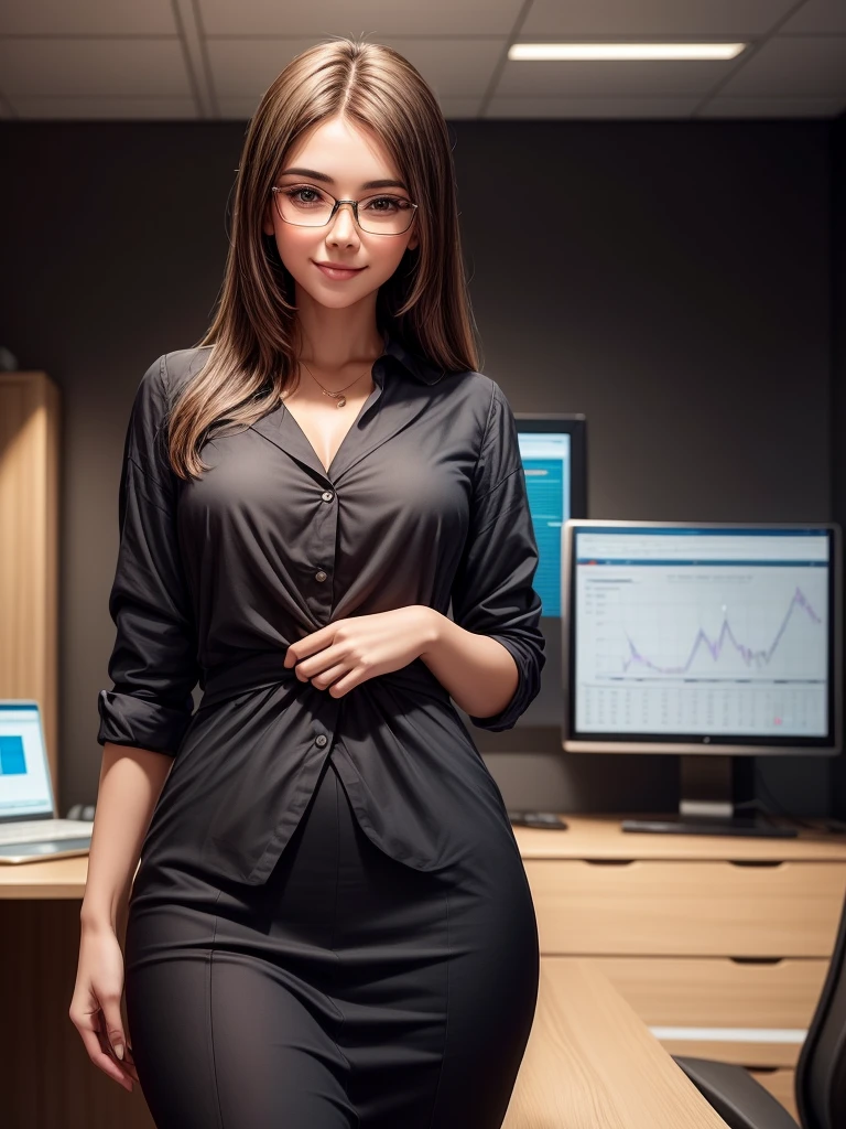 a beautiful young woman exuding an air of confidence and intellect in a sleek modern office space beside a complex financial chart on the wall, you can feelher analytical mind at work, straight in the camera gaze, slightly smiling, full body, top model measurements, office dresscode, wearing glasses, cute face, still very professional, by Alejandro Burdisio