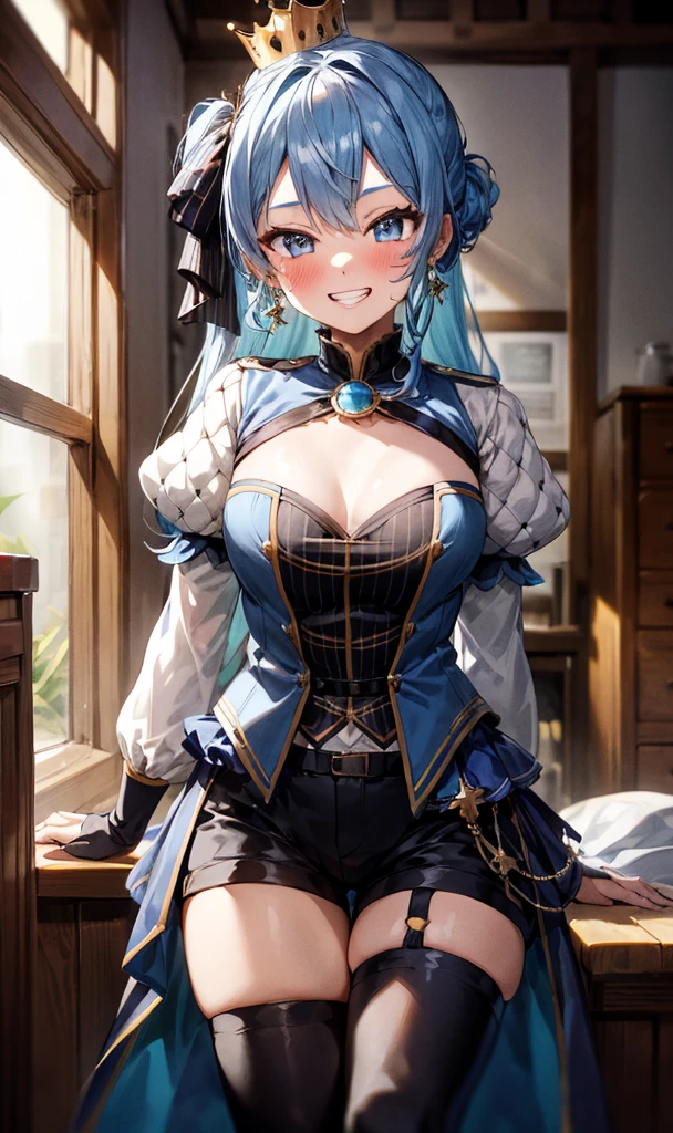 1 girl, alone, , Idol, Suisei Stellar, long hair, Half update, tilted crown, white shrug \(robes\), juliet sleeves, blue brooch, blue striped shirt, blue vest, half finger gloves, blue shorts, half skirt, O-ring thigh strap, Single thigh boots ,Medium bust,(((Trembling))),(Blush,smile),no,my room,looking for viewers,big breasts,Show your breasts,The cracks are clear...,((big tits))，(pubic bone), rift, visible chest, ((bare breast:1.37)), I see bulging nipples.,(((large areolae:1.4,pink,The nipples are clearly visible.....))),